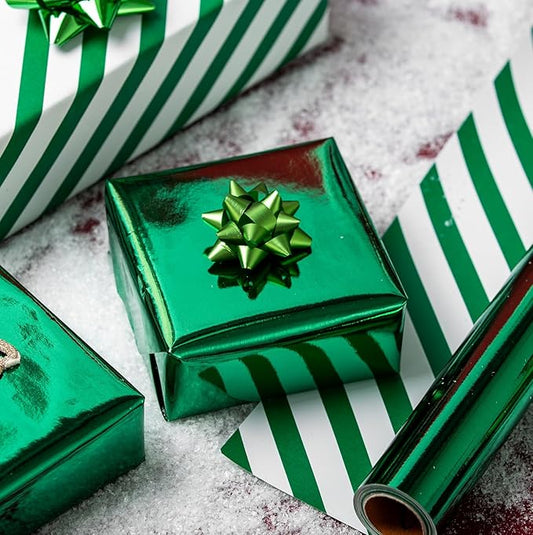 Merture Metallic Dark Green Wrapping Paper Roll - 17 In X 32.8 Ft(46.5 sq.ft.) with Stripe
