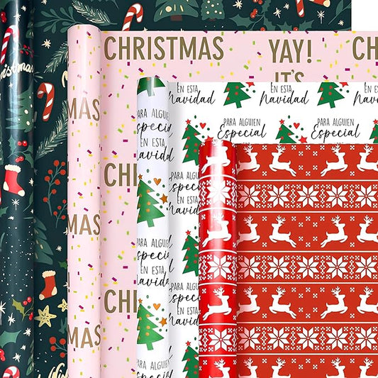 4 Rolls Christmas Wrapping Paper Rolls, 17 Inch x 16.5 Feet per Roll, Totaling 94 sq. ft. – Reindeer, Tree, Snowflake & Pink Letter Designs, Eco-Friendly & Durable Gift Wrap for Christmas Presents and Holiday Decorations
