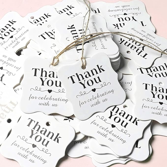 SallyFashion 150 PCS Thank You White Gift Tags with String, 2 x 3 Inches Paper Gift Tags for Party Favors Weddings, Bridal and Baby Showers Birthdays