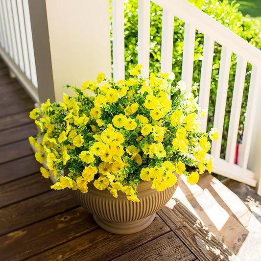 Artificial Flowers for Outdoors Fake Flowers Plants for Spring Summer Decor, 12 Bundles Silk Morning Glory with Eucalyptus Look Real UV Resistant Yellow Faux Flowers for Outside Planters Yard Patio