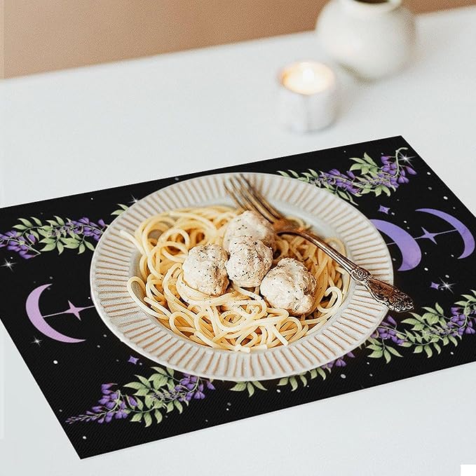 Boho Moon Flowers Placemats Set of 6,Natural Plant Moon Phase Moonlight Kitchen Party Event Table Decor,12x18 Inch,Purple 6 PCS, Style-11