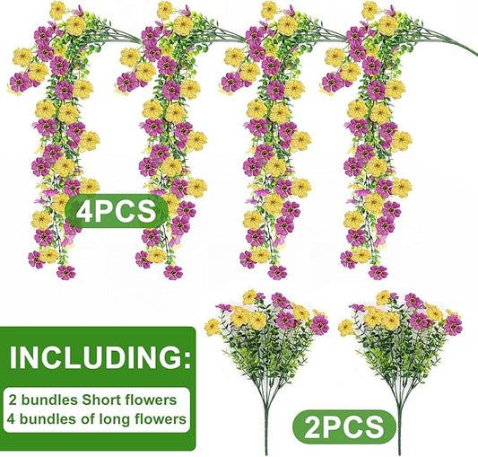 Artificial Flowers for Outdoors 6PCS,All Weather Fade Proof, UV Resistant Waterproof Realistic Faux Silk Mums Daisies Purple & Yellow for Hanging Planters Porch Patio Balcony Deck Fence Garden Decor