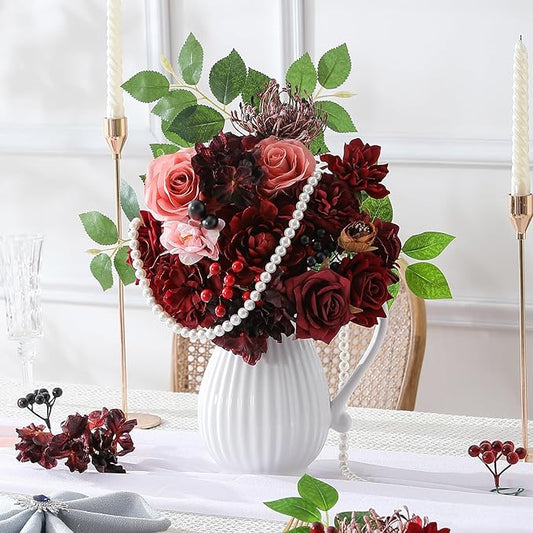 Artificial Flowers Combo Box Set Burgundy Silk Flowers for DIY Wedding Bouquet Arrangements Bridal Shower Party Home Decorations (Mature Burgundy)
