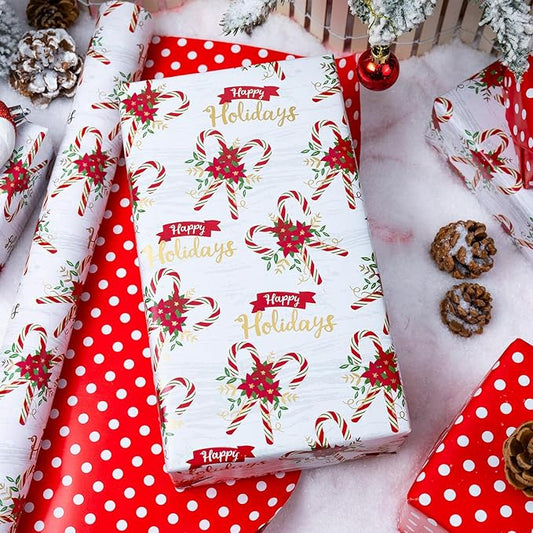 MAYPLUSS Christmas Wrapping Paper Roll - 17 Inch X 33 Feet - Christmas Holly Candy Cane Reversible Polka Dot Gift Wrapping Paper, Thick Wrap Paper for Holiday Party New Year Kids
