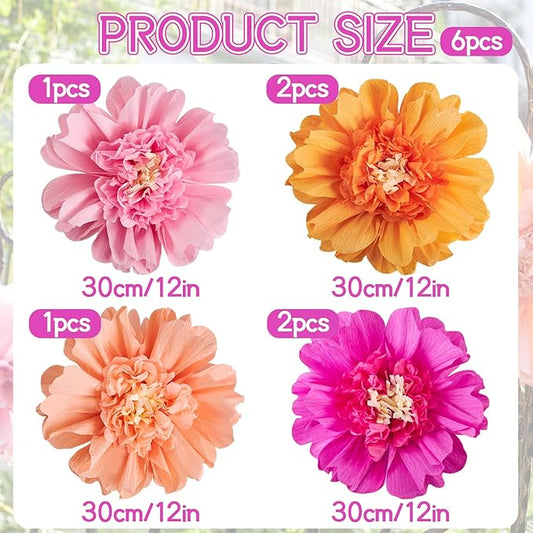 6PCS Tissue Paper Flowers,Handmade Colorful Giant Crepe Artificial Flowers Decorations for Wall,12 Inches Large Flowers for Wedding Birthday BabyShower Party Home Decor Supplies