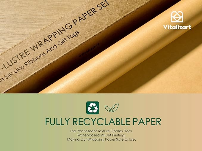 Vitalizart Gold Wrapping Paper Set 17" Pearly-Lustre With Silk Like Satin Ribbon & Gift Tags Recyclable Christmas Gift Wrapping Birthday Baby Shower Wedding Handmade Crafts 197"(16.4 Ft)