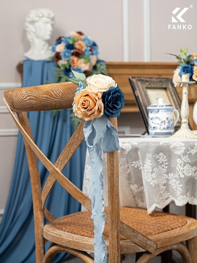 FANKO Artificial Flower Fake Rose Combo, 5 Mixed Silk Flowers Bouquet Dark & Light Brown Cream Roses, Blue Dahlia for DIY Wedding Bridal Bouquets/Centerpieces/Home Decorations