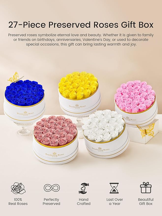Preserved Roses Forever Flowers Real Roses in a Box Mother's Day Birthday Flowers for Her Mom Women Wife Valentine's Day, 27 Yellow Roses