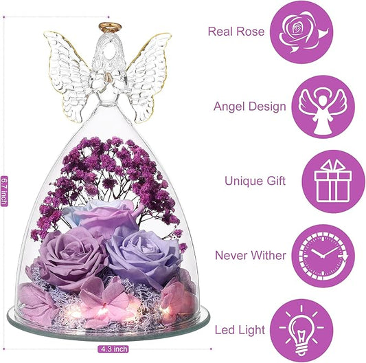 Christmas Rose Gifts for Women Preserved Real Flower in Glass Angel Figurines Roses for Delivery Prime Birthday Gifts for Mom Grandma Girlfriend Wife Her, Multi Purple
