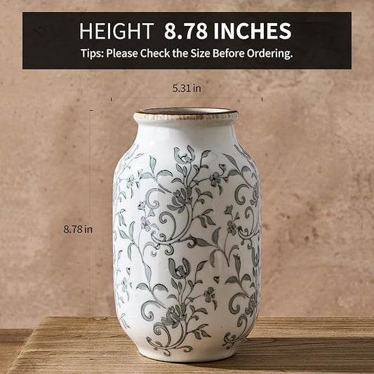 SIDUCAL Ceramic Vintage Vase, 8.78 Inch Chinoiserie Floral Vase, Retro Ice Cracked Rustic Farmhouse Vases for Home Decor, Living Room, Bookshelf, Office, Tuscan Decor, Gray Floral Pattern