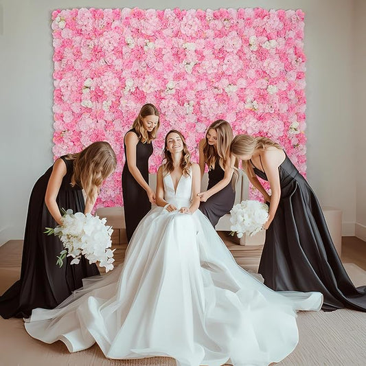 Artificial Flower Wall Backdrop 16pcs 16.5x16.5 Inch Silk Rose Floral Wall Panel Decor Ideal for Wedding Celebrations, Festive Party Birthday Backdrops and Elegant Home Decor-Light Gold Pink