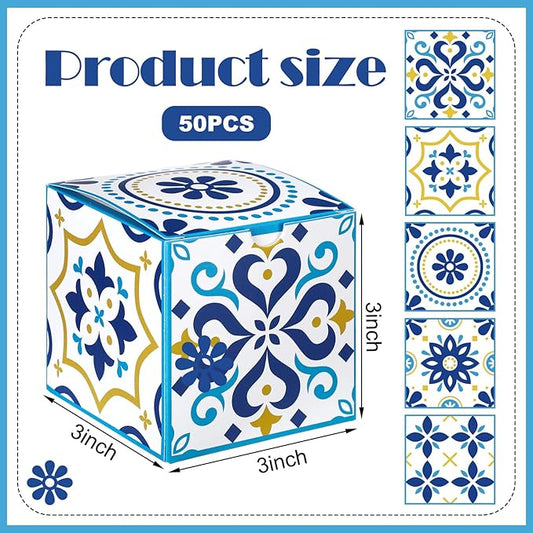 TecUnite 50 Pcs 3x3x3'' Amalfi Coast Party Gift Boxes Amalfi Coast Party Favor Candy Boxes Decorations Small Blue Yellow Paper Packaging Bags for Wedding Birthday Baby Shower Supplies