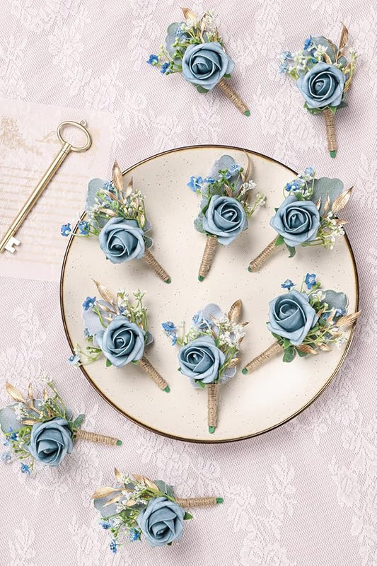 Rose Boutonnieres for Men Wedding Groom and Groomsmen Boutonniere for Rustic Fall Vintage Wedding Prom, Dusty Blue,Set of 10