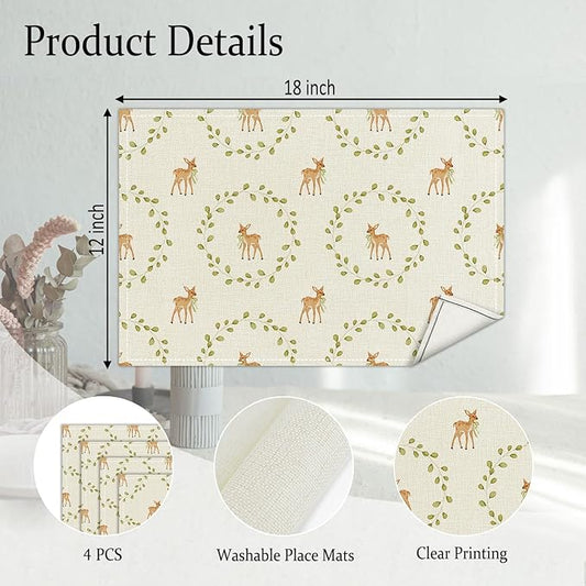 Fawn Themed Placemats Set of 4, Green Leaf Table Mat for Home Kitchen, Restaurants, Outdoor Linen Washable Place Mats 12x18 inch Party Event Dining Decoration-10