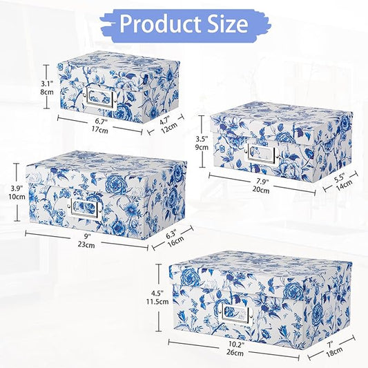 Briful Blue and White Porcelain Storage Boxes with Lids, Set of 4 – Chinoiserie Decorative Nested Card Photo Storage Box Organizer, Paperboard Box for Closet, Office, Gifts