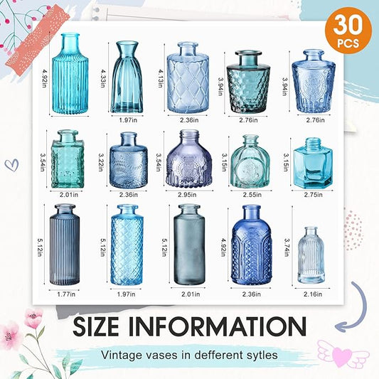 Yaomiao 30 Pcs Vases Bulk Colored Flower Glass Christmas Vases Bud Vintage Colored Glass Bottles Colorful Rustic Embossed for Home Wedding Table Decorations Gifts(Blue Series)