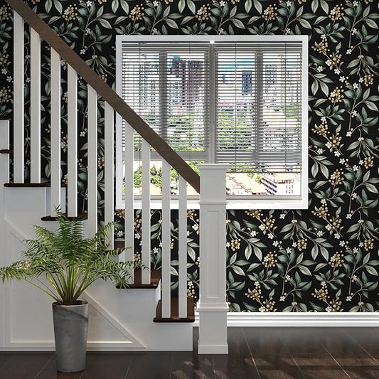 Extra Long Dark Peel and Stick Wallpaper 17.5" x 393" – Vintage Floral Green Leaf Botanical Self-Adhesive Vinyl Contact Paper for Bathroom Bedroom Kitchen Cabinet Drawer Walls PVC DIY Decor