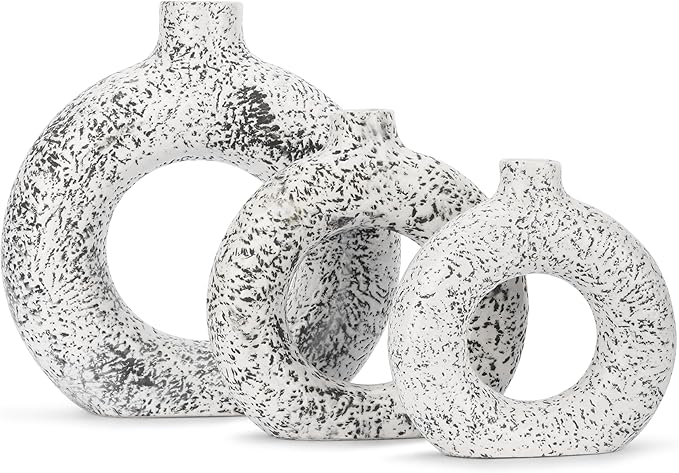 Ajuny Donut Vase Set of 3 – White & Grey Ceramic Hollow Vases for Pampas Grass, Modern Boho Home Decor, Table Centerpiece, Wedding, Living Room, Office, Bedroom (8", 6", 4")