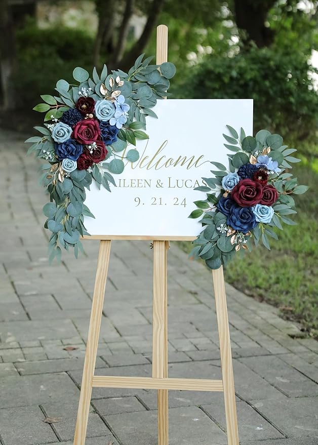 Artificial Navy Blue and Burgundy Wedding Arch Flower Swags Set of 2 for Welcome Signs, Reception and Ceremony Decorations - Navy Blue Floral Decor