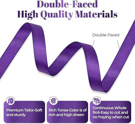 Purple Satin Ribbon, Double Faced 3/8 Inch X 50 Yards Purple Ribbon, for Gift Wrapping, Crafts, Hair Bow Making, Sewing, Flower Bouquet, Wedding Party Decor