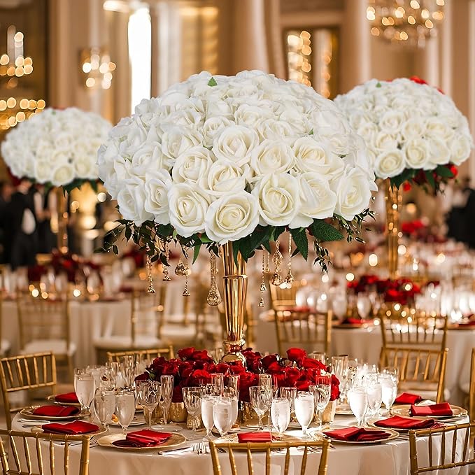 LFF 50 Pcs Realistic White Artificial Roses - Premium Velvet Faux Flowers for Wedding Bouquet, Centerpieces, Home & Party Decoration(White)