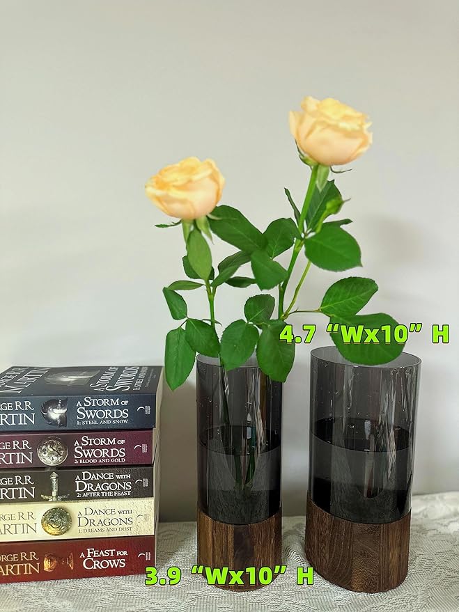 Shatterproof Acrylic Flower Vase with Wood Base–10”H*3.9''W Modern Table Centerpiece for Home Office Decor, Holds Fresh/Dried Stems, Lightweight&Stable, Present for Housewarming Christmas (Cylinder)