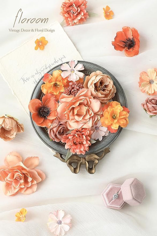 Floroom Mini Artificial Flower Heads Burnt Orange & Terracotta Fake Peony Daisy Rose Multicolor Small Faux Silk Flower Heads for Cake Craft Garland Wedding Party Graduation Cap DIY Home Decoration