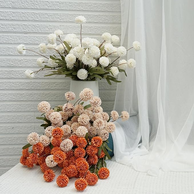 Faux Kiku Flower - Beige 12 Stems Artificial Silk Flowers for Home Decor Indoor Pompon Mums Fake Flowers Ball for Table Centerpieces Wedding Flowers Fillers