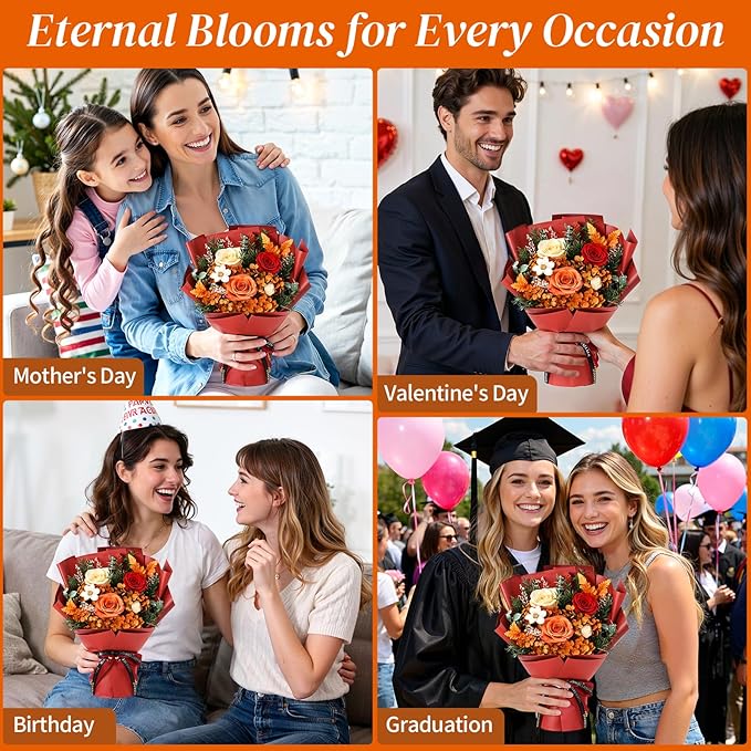 Lewondr Flower for Delivery, Preserved Flowers Bouquet, Orange Roses Bouquet, Real Long-Lasting Forever Birthday Flowers Gifts for Mom Best Friend Mothers Day Christmas Graduation, Dark-Orange