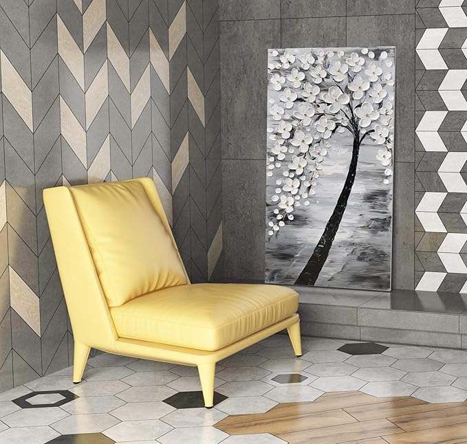 Yihui Arts Hand-Painted Textured White Blossom Tree Art on Canvas, Grey & Black Toned Floral Painting for Modern Home Decor, Unique Thick Textured Petals Wall Art