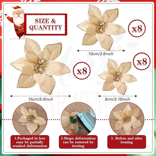 WILLBOND 24 Pcs 3 Size Poinsettia Flower Artificial Christmas Decor Glitter Poinsettia Christmas Ornaments Faux Flowers for Xmas Tree Outdoor(3.2/4/6 Inches,Champagne)