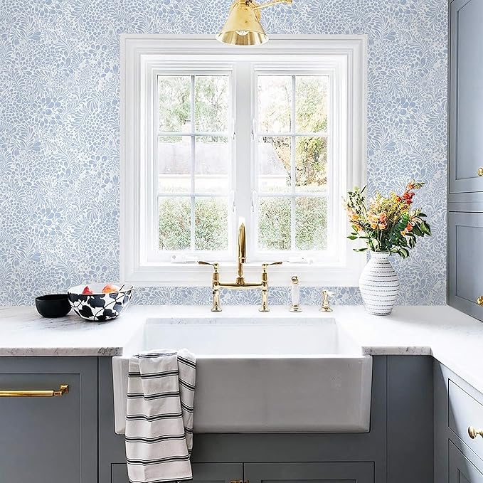 Heroad Blue Peel and Stick Wallpaper Floral Contact Paper 17.3''x78.7'' Boho Wall Paper Modern Removable Self Adhesive Wallpaper for Bedroom Bathroom Kitchen Cabinet Decor Waterproof Vinyl Roll