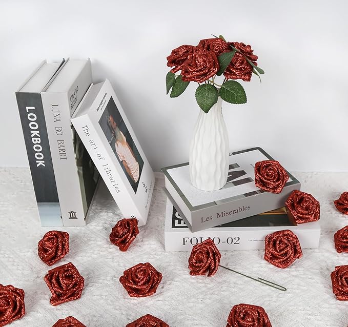 Artificial Flowers,50PCS Fake Red Roses 2.76" Glitter Foam Roses Artificial Flowers for Wedding Christmas DIY Wreath Home Table Floral Arrangement(Red)