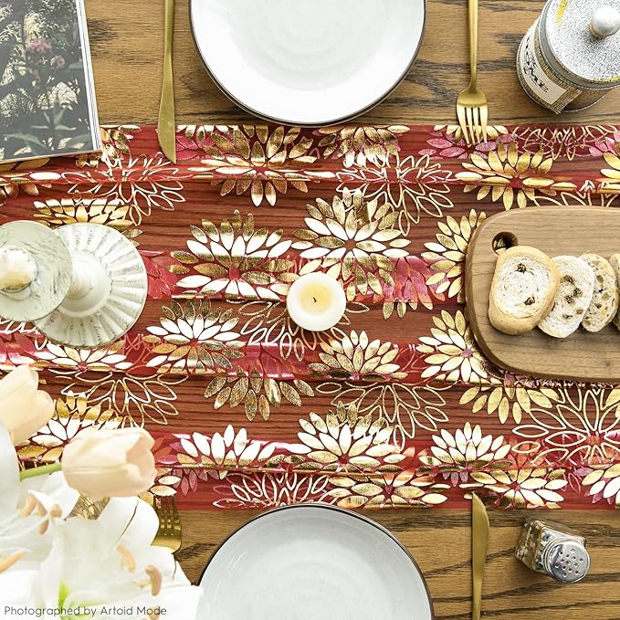 Artoid Mode 3PCS Red Gold Dahlia Flower Gauze Table Runner 120 Inch 10FT, Glitter Metallic Foil Seasonal Sheer Dining Holiday Table Decor for Home Party