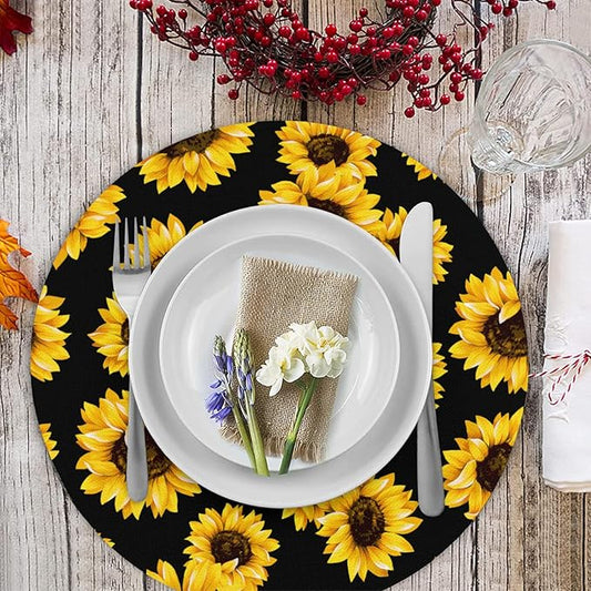 Flower Round Placemat Set of 4 Elegant Linen Table Mats for Dining, Heat Resistant, Stain Resistant Perfect for Dinner Parties, Restaurants, and Everyday Use