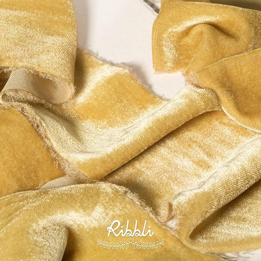 Ribbli Champagne Gold Velvet Ribbon 3 Inch Handmade Frayed Vintage Christmas Ribbon for Gift Wrapping Christmas Tree Ornament Wreath Craft Home Decor -3 Yards