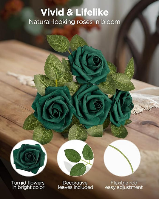 InnoGear Artificial Flowers, 100 Pcs Hunt Green Rose Foam Fake Roses Bulk with Stems for Decoration DIY Wedding Bouquets Centerpieces Bridal Shower Party Christmas Tree