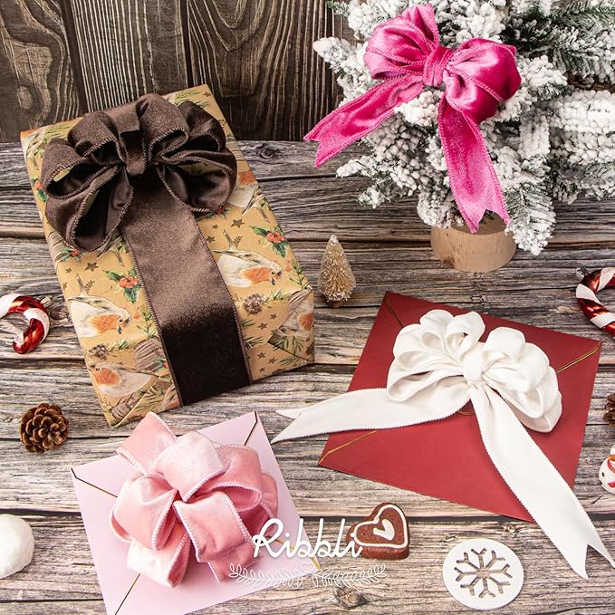 Ribbli White Velvet Wired Ribbon 2.5 Inch Velvet with Satin Christmas Ribbon for Christmas Tree Gift Wrapping Crafts Wreaths Supplies-Continuous 10 Yards