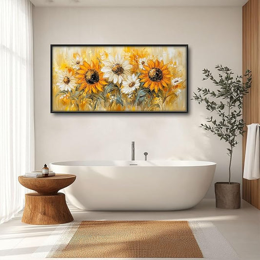 Farmhouse Sunflower Large Wall Art Country Flower Pictures Wall Decor Floral Canvas Daisy Print Painting Modern Artwork Home Decoration for Bathroom Office Living Room Bedroom Framed 60"x30"