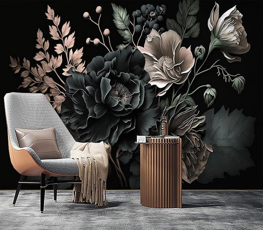 Eierme-Black Background with Flowers and Leaves Mural Wallpaper Peel and Stick 137" x 102"