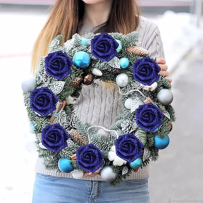 IPOPU Foam Roses, 25pcs Royal Blue Roses Glitter Flowers Artificial Rose with Stem for DIY Wedding Bridal Bouquet Home Party Decoration(Royal Blue)