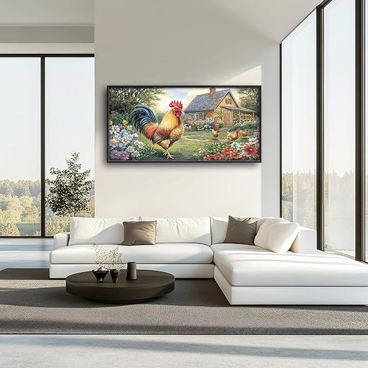 Farmhouse Chicken Large Decor Framed Wall Art Country Rooster Pictures for Living Room, Oversized Canvas Print Painting Modern Extra Large Framed Artwork for Bedroom Office Home Decor 60"x30"