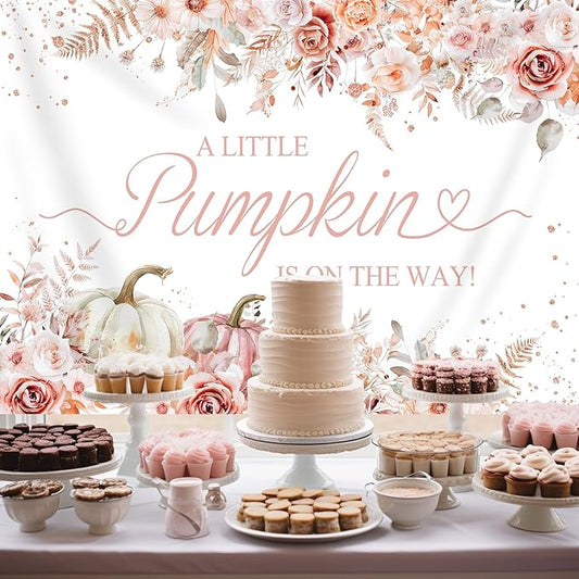 7x5ft Pumpkin Baby Shower Backdrop for Girls Pink Floral Leaves Photography Background Newborn Baby Shower Party Decorations Little Pumpkin Backdrops Banner Supplies Studio Photo Booth Props