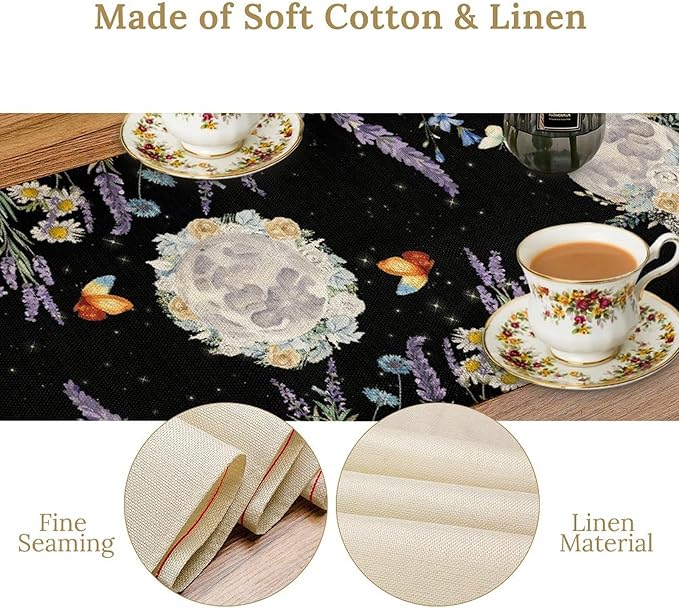 Boho Floral Table Runner, Spring Gothic Moon Phase Wildflower Mystical Witchy Farmhouse Coffee Table Center Decor for Home Kitchen Dining Patio Holiday Party Table Decorations 13x108 inches