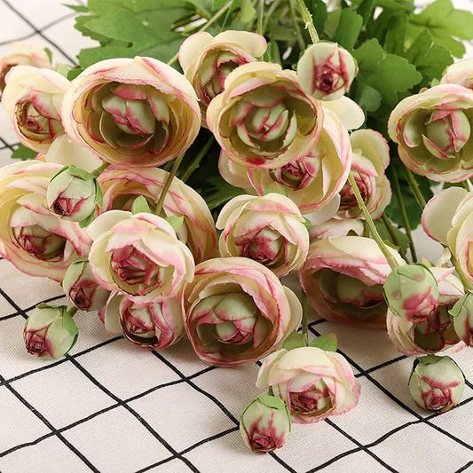 Artificial Silk Flowers Persian Buttercup Bicolor Ranunculus Flower 5 Pcs,Suitable for core Decoration,Wedding Floral Creation,Flower Arrangement DIY Project,Interior Decor(Green)