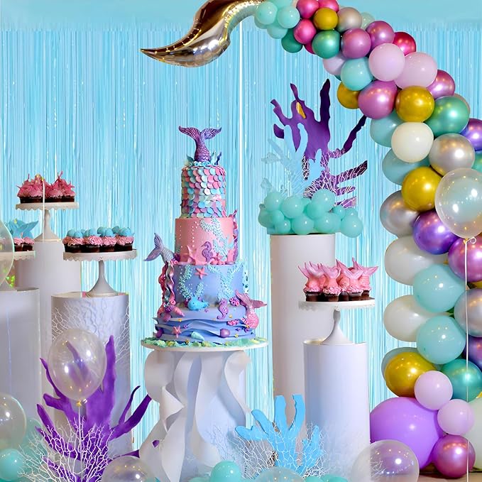 Keyali 2 Pack 3.3 * 8.3 ft Foil Curtain Metallic Tinsel Fringe Curtains Photo Booth Props Backdrop for Birthday Wedding Engagement Baby Shower Christmas Holiday Celebration Party,Macaron Light Blue