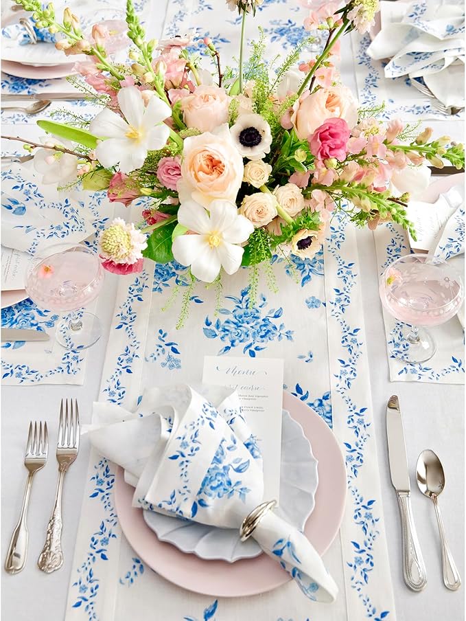 Solino Home Blue Floral Print Table Runner 36 inch - 100% Pure Linen Table Runner 14 x 36 Inch - Handcrafted and Machine Washable - Jolie Fleur Print