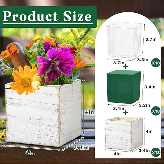 Dandat 18 Sets Wooden Cube Planter Boxes for Centerpiece 4 Inch Flower White Wood Rustic Square Vase with Removable Plastic Liner Floral Foam Block for Garden Wedding Christmas Home Arrangement Decor