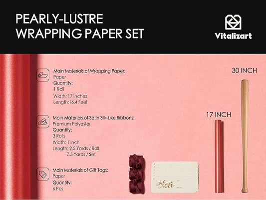 Vitalizart Red Wrapping Paper Set 17" Pearly-Lustre With Silk Like Satin Ribbon & Gift Tags Recyclable Christmas Gift Wrapping Birthday Baby Shower Wedding Handmade Crafts 197"(16.4 Ft)