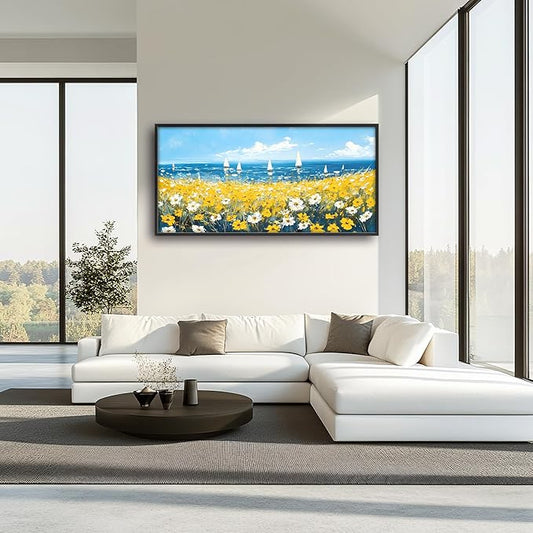 Coastal Flowers Large Wall Art Framed Blue Wall Decor for Living Room Ocean Sailboat Pictures Oversized Canvas Print Painting Modern Extra Large Framed Artwork for Bedroom Office 60"x30"